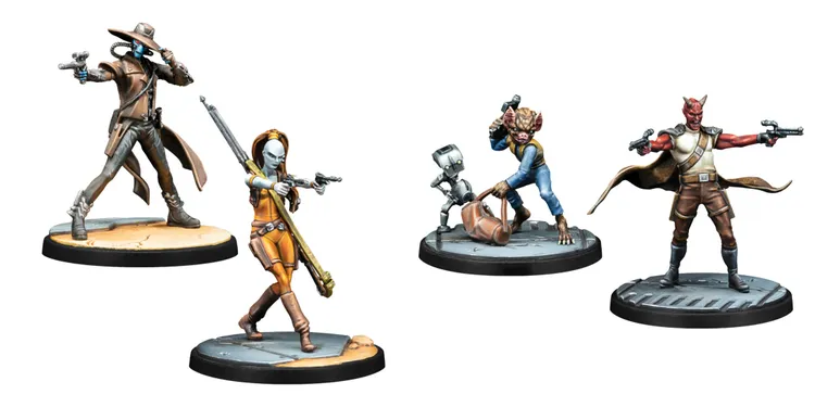 A trio of detailed miniatures from the Star Wars universe features Cad Bane, a tall figure in a long coat and wide-brimmed hat, holding a blaster in one hand. Beside him, Aurra Sing stands confidently, aiming her weapon with a determined expression, dressed in an orange outfit. On the right, a small droid, Todo 360, is depicted in a dynamic pose, showcasing its mechanical features. The bases of the miniatures are designed with a rocky terrain effect, enhancing their presence.