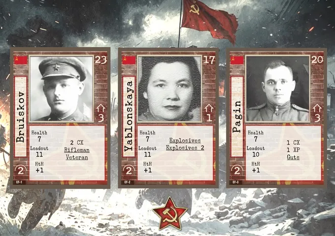 Three vertical cards with a Soviet flag and hammer-and-sickle star in the background. The left card is numbered 23, shows a man in a military cap, and lists “2 CX Rifleman Veteran.” The center card is numbered 17, shows a woman, and lists “Yablonskaya,” “Health 7,” “Loadout 11,” “HtH +1,” and “Explosives Explosives 2.” The right card is numbered 17, shows a man in uniform, and lists “Pagin,” “Health 7,” “Loadout 10,” and “HtH +1.”