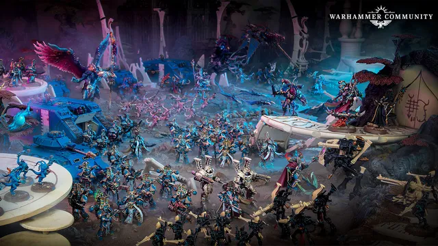 A dynamic scene showcases a variety of Warhammer 40,000 miniatures, prominently featuring the new Sekhetar Robots in the foreground, equipped with menacing weaponry. Surrounding them are various Thousand Sons units, including sorcerers and infantry, all set against a richly detailed, otherworldly backdrop with vibrant colors and intricate terrain. The composition highlights the mechanical and mystical elements of the Thousand Sons army, emphasizing their formidable presence on the battlefield.