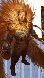 A heroic character stands prominently in the foreground, adorned in ornate armor with a striking feathered cape, holding a large sword and a shield. Behind him, several beautifully designed books are displayed, including titles like "Adventures in the Household" and "Volume II," each featuring distinct colors and elegant lettering. The background features a subtle striped pattern, enhancing the overall whimsical and adventurous theme of the scene.