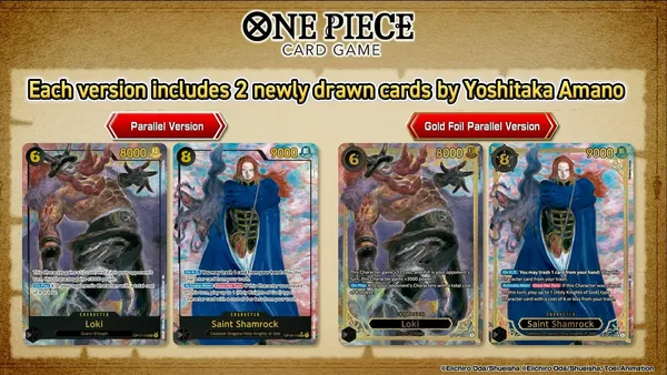 Three One Piece Card Game cards: Saint Shamrock, Loki, Gold Foil Parallel Version.