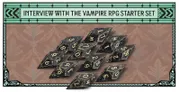Black and gold polyhedral dice with numbers, text "NEW WITH THE VAMPIRE RPG START" on green banner.