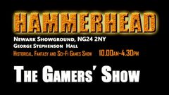 A promotional graphic for the "Hammerhead" tabletop gaming event, featuring bold, textured orange lettering against a black background. The text includes details about the event's location at Newark Showground, the date and time from 10:00 AM to 4:30 PM, and highlights that it focuses on historical, fantasy, and sci-fi games. The phrase "The Gamers' Show" is prominently displayed in white, emphasizing the participatory nature of the event.
