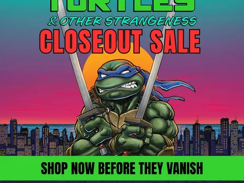 A Teenage Mutant Ninja Turtle character in green shell, blue mask, and orange bandana holds two crossed swords. Neon sign reads: "TEENAGE MUTANT NINJA TURTLES & OTHER STRANGENESS CLOSEOUT SALE" with "SHOP NOW BEFORE THEY VANISH" below. City skyline in background.