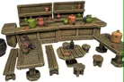 A detailed collection of 3D-printed tavern furniture, featuring a wooden bar with shelves displaying various colorful pots and jugs in shades of green, orange, and brown. The scene includes several tables and stools, all crafted to resemble rustic wooden furniture, with a round table holding a small dish and a black bottle. The overall design evokes a cozy, fantasy tavern atmosphere, perfect for tabletop RPG settings.