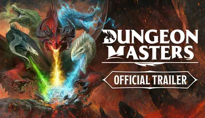 A dramatic illustration features five dragons emerging from a volcanic landscape, each representing a different elemental color: red, blue, green, black, and white. The dragons are depicted with fierce expressions, and they are breathing streams of colored energy—red, blue, green, and yellow—into a central glowing D20 die, which is emblazoned with the letters "DM." The background is filled with fiery and smoky textures, enhancing the intense atmosphere of the scene.