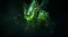 A towering 80mm warjack named Deathjack, characterized by its dark, menacing design, stands prominently in the image. Its body is adorned with spikes and skulls, featuring glowing green accents that enhance its intimidating presence. The background is dark and atmospheric, suggesting a foreboding environment fitting for this soul-hungry terror.