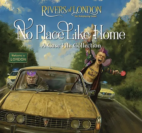 A yellow car with license plate "ROL 111N" on a road, a person with purple hair leaning out, and a "Welcome to LONDON" sign.