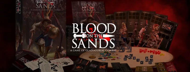 A collection of game components for "Blood on the Sands," featuring a prominent logo with a sword and blood splatter. In the background, there are detailed rulebooks and character cards, alongside various tokens and dice used for gameplay. The scene conveys a rich theme of gladiatorial combat, with illustrations of gladiators and game mechanics laid out on a tabletop.