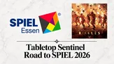 Geometric logo with blue "SPIEL Essen" text and multicolored triangular pattern. Below, text reads "Road to SPIEL 2026." Right side shows booklet cover with fiery scene: silhouetted devil figures, torches, and text "DIABLES."