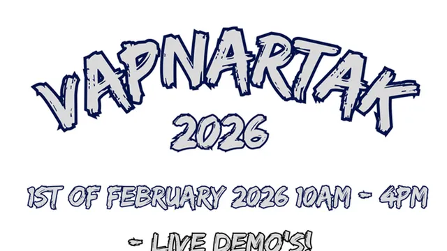 The text features the title "VAPNARTAK 2026" in a bold, stylized font, emphasizing the event's name. Below, it states the date as "1st of February 2026" along with the time "10AM - 4PM." Additional details highlight the presence of live demonstrations, suggesting an engaging atmosphere for attendees.