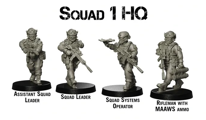 Four detailed miniature figures representing members of Squad 1 HQ are displayed against a plain background. From left to right, the figures include an Assistant Squad Leader, a Squad Leader, a Squad Systems Operator, and a Rifleman equipped with MAAWS ammunition. Each figure is posed dynamically, showcasing modern military gear and weapons, emphasizing the campaign's focus on realistic and contemporary design.