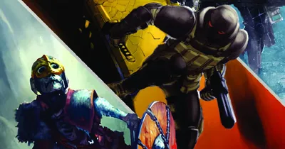 Two characters in futuristic armor: one with a yellow and black suit holding a large weapon, the other in a dark suit with a helmet and holding a gun. A third armored figure in green and gold stands in the background. Text reads: "WHAT'S OLD IS NEW ROLEPLAYING SYSTEM."