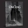 A book titled "Hands of the White Wizard" from The One Ring roleplaying game is prominently displayed against a dark background. The cover features a shadowy, grand architectural setting with large arches and staircases, suggesting a mysterious and ancient location. In the foreground, three figures are depicted ascending the stairs, with one figure in white robes standing at the top, evoking a sense of intrigue and adventure.