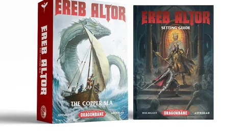 Two books titled "Ereb Altor" are displayed side by side. On the left, "The Copper Sea" features an illustration of a large sea serpent alongside a sailing ship, with waves crashing around them. On the right, the "Ereb Altor Setting Guide" showcases a dramatic scene of a knight in armor confronting skeletal figures, with a stained glass window depicting a saint in the background. Both covers prominently feature the title "Ereb Altor" in bold red letters.