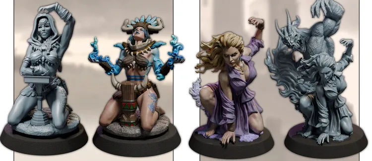 Three intricately designed female miniatures are displayed on black bases. The central figure features a character with blue hair and tribal attire, adorned with horns and holding glowing blue flames. On the left, a warrior in a form-fitting outfit stands confidently, while on the right, a character in a flowing purple dress is posed dramatically, showcasing detailed facial features and dynamic hair. Each miniature reflects a blend of fantasy elements and characterful design.