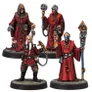 Four red-robed sci-fi figures with futuristic staffs and devices.