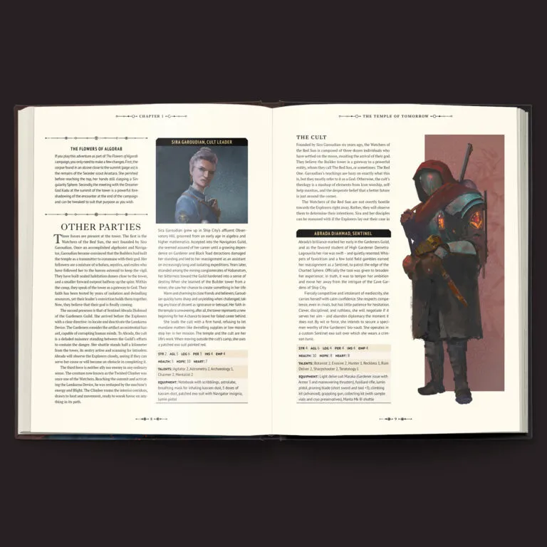 A two-page spread from a roleplaying game book features text and illustrations related to "Coriolis: The Great Dark." On the left page, there is a section titled "The Flowers of Algorab," with a portrait of a character named Sira Garoudian, a cult leader, alongside descriptive text. The right page is titled "The Temple of Tomorrow," detailing a cult and featuring an illustration of a character named Abraad Dihamba, a sentinel, dressed in a dark cloak with a weapon. The layout includes various headings and sections, providing information about characters and factions within the game.