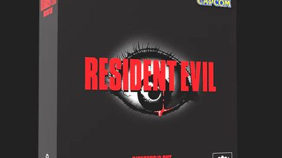 A black box featuring the title "RESIDENT EVIL" in bold red letters, with a stylized eye graphic in the center. Below the title, the text "DIRECTOR'S CUT KICKSTARTER EDITION" is displayed in orange, while "SURVIVAL HORROR" is highlighted in pink. The Capcom logo is positioned at the top right corner, and the Steamforged Games logo is located at the bottom left.