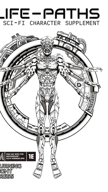 A detailed black-and-white line drawing of a humanoid figure with a skeletal, cybernetic appearance. The figure stands front-facing within a circular frame resembling a mechanical or technological structure. Its body combines organic bone and muscle with mechanical components: exposed ribs, spine, and limbs are interwoven with pipes, gears, and robotic joints. The head is skull-like with hollow eye sockets and a gaping mouth. The arms extend outward, ending in clawed hands, while the legs are positioned apart, anchored to the circular base by mechanical supports. At the bottom of the image, inside a black rectangular box, white text reads: "FOR USE WITH THE MOTHERSHIP 1E".
