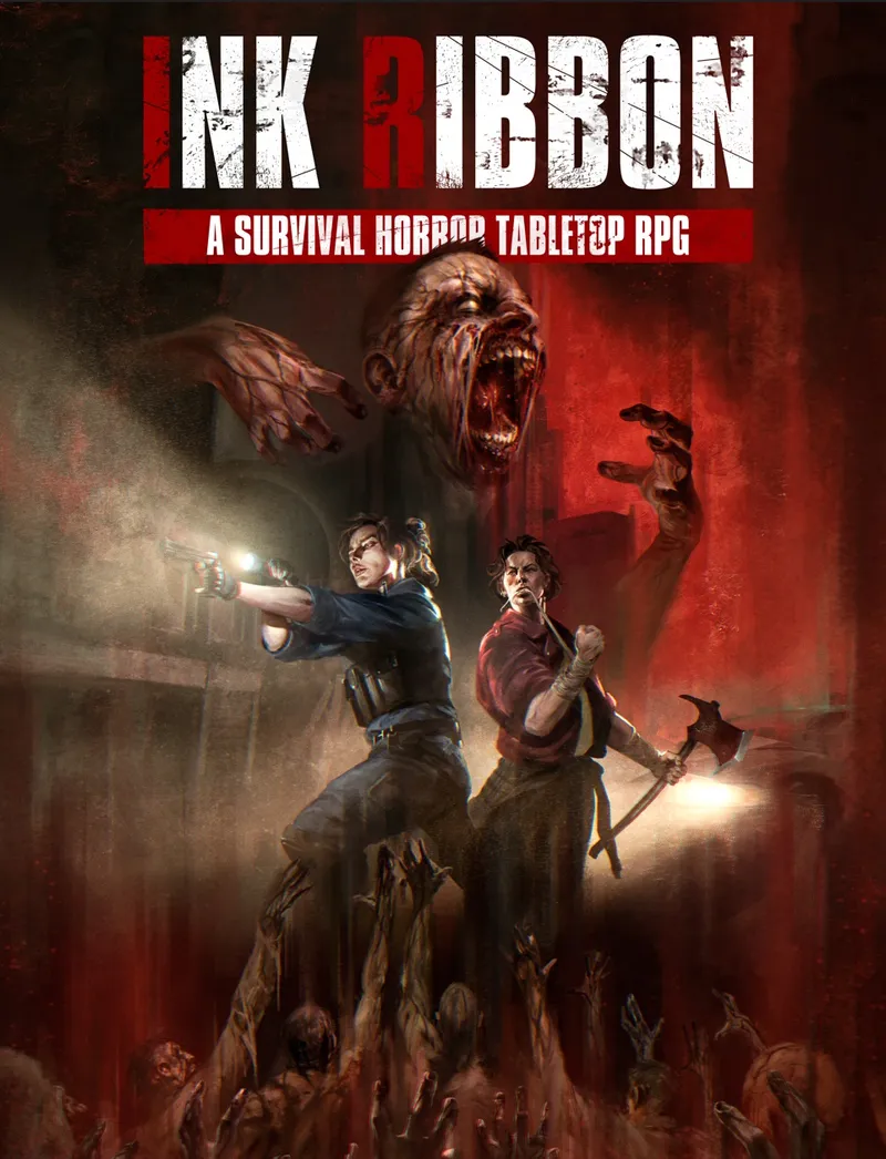 Alt-text:
Cover art for a tabletop RPG titled "INK RIBBON." At the top, white distressed-style text reads "INK RIBBON" in large letters, with a red banner below stating "A SURVIVAL HORROR TABLETOP RPG." In the foreground, two characters stand back-to-back in a dimly lit, ruined urban setting. The character on the left, wearing a dark jacket and fingerless gloves, holds a handgun aimed outward. The character on the right, dressed in a red shirt and dark pants, grips a fire axe. Behind them, three decayed, zombie-like creatures with exposed flesh and bones lunge forward. The background shows crumbling brick walls and faint light sources.