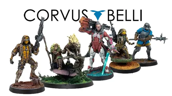 Five intricately designed miniatures are displayed against the Corvus Belli logo. From left to right, a futuristic soldier in yellow and black armor stands with a rifle, followed by a green-skinned character with a weapon, a central figure in sleek armor wielding a large gun and glowing sword, a character in tactical gear with a mask, and a soldier in blue armor holding a spear. Each miniature showcases detailed features and dynamic poses, highlighting their unique designs and roles within the game universe.
