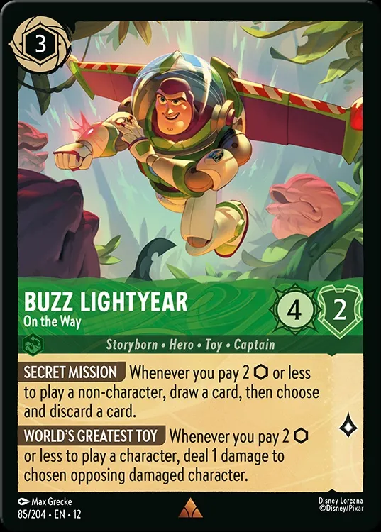A trading card featuring Buzz Lightyear from Disney's Toy Story, depicted in a dynamic pose as he flies through a vibrant, lush environment filled with green foliage and colorful flowers. The card displays his name "BUZZ LIGHTYEAR" prominently at the top, along with his attributes: 4 strength and 2 willpower. Below, two abilities are listed: "SECRET MISSION" and "WORLD'S GREATEST TOY," detailing gameplay mechanics. The card is illustrated by Max Grecke and includes the Disney Lorcana branding.