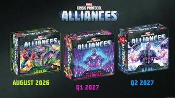 Three game boxes from the Marvel: Crisis Protocol Alliances series are displayed. On the left, the "Night of the Goblin" box features vibrant artwork of the Green Goblin and his minions, with a release date of August 2026. The center box, "Attack of the Sentinels," showcases a Sentinel character and is set for release in the first quarter of 2027. On the right, "The Once and Future Kang" box highlights Kang the Conqueror, scheduled for the second quarter of 2027. The overall design emphasizes the cooperative nature of the games, with the title "ALLIANCES" prominently featured at the top.