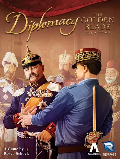 A dramatic illustration features two military leaders engaged in a tense negotiation, with one in a black and gold uniform and the other in a blue uniform, holding a sword. In the background, several other historical figures in ornate attire observe the interaction, hinting at the political intrigue of the era. The title "Diplomacy: The Golden Blade" is prominently displayed at the top, emphasizing the game's focus on strategy and alliances.