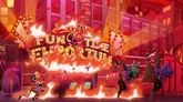 Three animated characters stand in a fiery, neon-lit alley. One wears a black hooded cloak, another has a purple, bat-winged outfit, and the third is green with a spiked collar. A burning sign reads "ICE JUICE" with a glowing "4" beneath. Flames and glowing symbols fill the background.
