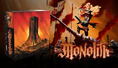 Armored figure on a skull, holding a flag with text "The Monolith" below.