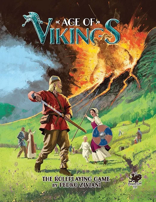 A vibrant cover illustration for the "Age of Vikings" tabletop roleplaying game features a Viking man wielding a sword and a woman holding a round shield, set against a dramatic backdrop of a volcanic eruption. The scene is filled with lush green hills and other figures in the background, suggesting a community in the midst of an adventure. The title "Age of Vikings" is prominently displayed at the top, along with the subtitle "The Roleplaying Game" and the name of the author, Pedro Ziviani.