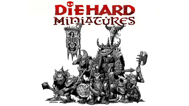 A group of orc and goblin miniatures stands prominently, showcasing a variety of characters in a detailed black and white illustration. The orcs are equipped with various weapons and armor, including a banner held by one figure, while goblins flank them, some wielding shields and spears. The title "DIE HARD Miniatures" is displayed at the top in bold, stylized lettering, adding to the overall fantasy theme of the image.