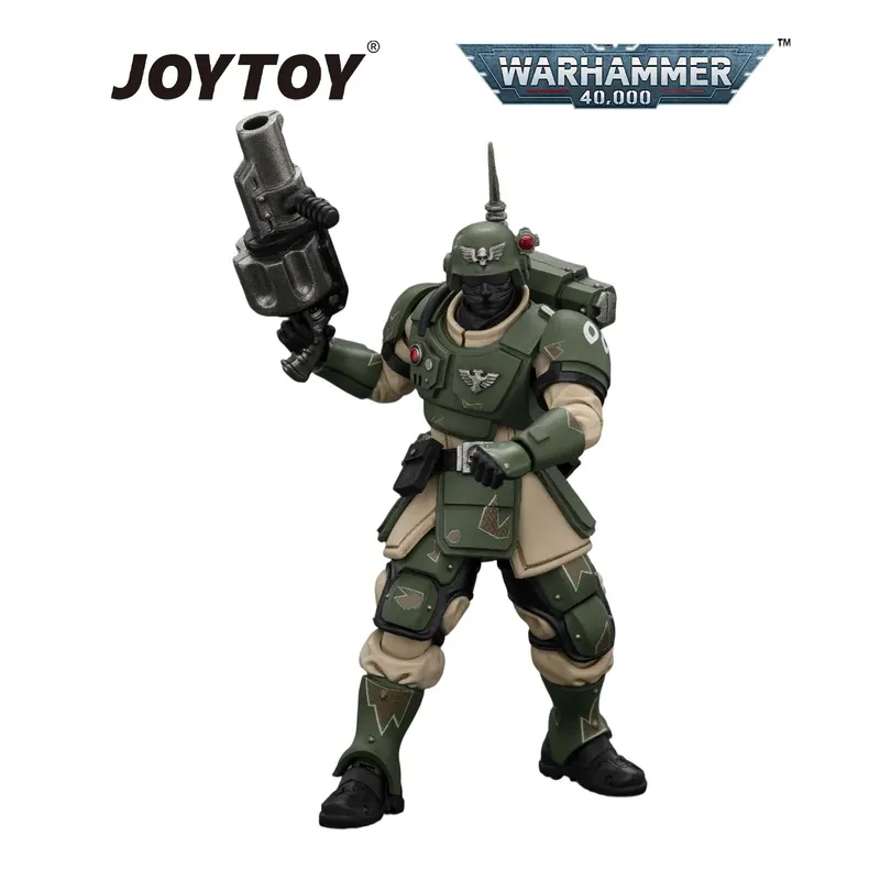 Green-armored Warhammer 40,000 action figure holding a large gun, JOYTOY and Warhammer 40,000 logos above.