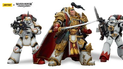 A detailed action figure of Jaghatai Khan stands on the right, adorned in ornate armor with intricate gold detailing, holding a sword. To the left, a Tactical Marine in Mk III power armor is posed with a firearm, featuring a skull motif and a red backpack. Both figures are set against a simple background, showcasing their impressive craftsmanship and articulation.