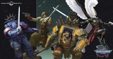 A dynamic illustration features four distinct characters from the Warhammer 40,000 universe. On the left, a Space Marine in blue armor holds a pistol, while a figure in a military uniform brandishes a sword in the center. To the right, an imposing Ork in yellow armor displays a fierce expression, and behind him, a character with a mechanical arm and a large weapon stands ready for battle. The background includes a stylized map, enhancing the sci-fi atmosphere of the scene.