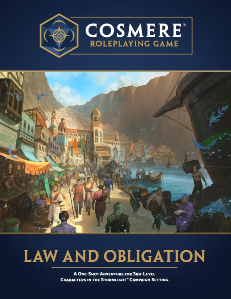 Cosmere Roleplaying Game, Law and Obligation, bustling harbor town with mountains and ships.