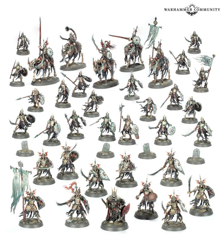 A diverse array of miniatures showcases a new faction from Age of Sigmar, featuring the Helsmiths of Hashut, alongside the Deathrattle Tomb Host and Snarlpack Huntaz. The image displays numerous figures, including skeletal warriors, mounted knights, and various characters, all intricately detailed and posed on round bases. The color palette includes muted tones with metallic accents, emphasizing the grimdark aesthetic typical of the Warhammer universe.