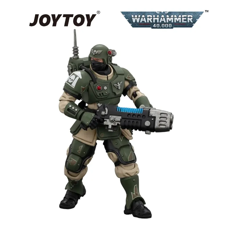 Green-armored Warhammer 40,000 action figure holding a large gun, with JOYTOY and Warhammer 40,000 logos.
