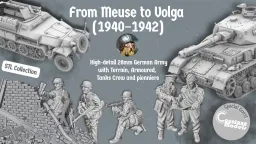 A collection of detailed 28mm German army miniatures and vehicles is showcased, featuring a half-tracked armoured personnel carrier alongside various soldiers in dynamic poses, equipped with weapons like the MG34 and Mauser K98. The background includes a textured wall of bricks, enhancing the historical context. The text highlights the campaign title "From Meuse to Volga (1940-1942)" and mentions the STL collection for 3D printing.