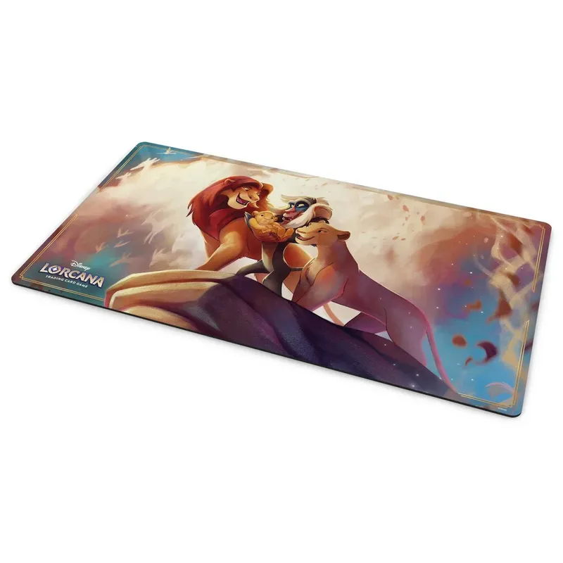Lion, lioness, and cub on a cliff under a colorful sky, with "Disney Lorcana" text.