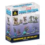 Box for the Marvel Crisis Protocol Miniatures Game Guardians of the Galaxy Starter Set. The box is predominantly purple with a clear plastic front displaying 10 painted miniatures of characters in dynamic poses. The top of the box reads "MARVEL CRISIS PROTOCOL MINIATURES GAME" in blue and white text. A black and yellow Atomic Mass Games logo is visible. The bottom of the box reads "GUARDIANS OF THE GALAXY STARTER SET" in yellow text. The Marvel logo appears in red and white.