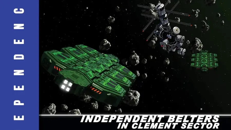 Spacecraft in green and gray colors flying near rocky debris in space. Text reads: "ON THE ROCKS," "INDEPENDENCE G," "INDEPENDENT BELTERS IN CLEMENT SECTOR," "CEPHEUS ENGINE," and "CLEMENT SECTOR" with a logo.
