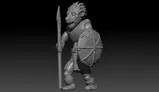 A stylized, gray-toned 3D figure with a bestial face, muscular build, and spiked hair. Wears a segmented, scaly shoulder guard and knee-high boots. Holds a long spear diagonally across its back.