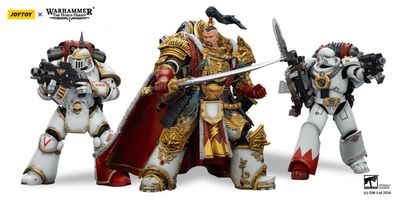 A detailed action figure of Jaghatai Khan stands on the right, adorned in ornate armor with intricate gold detailing, holding a sword. To the left, a Tactical Marine in Mk III power armor is posed with a firearm, featuring a skull motif and a red backpack. Both figures are set against a simple background, showcasing their impressive craftsmanship and articulation.