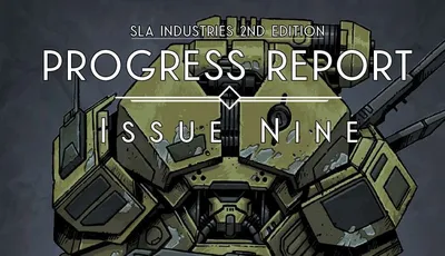 Green armored mech with red accents, holding a large gun labeled "DN". Text above: "PROGRESS REPORT ISSUE NINE".