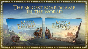 Two game boxes for "Mega Empires: The Far East - North" and "Mega Empires: The Far East - South" are displayed prominently against a scenic backdrop featuring landscapes and structures reminiscent of East Asia. The text "THE BIGGEST BOARDGAME IN THE WORLD" is boldly featured above the boxes, emphasizing the scale of the game. The overall design incorporates a decorative border, enhancing the visual appeal of the presentation.