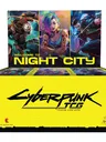 A brightly colored display box for the Cyberpunk Trading Card Game features a vibrant design with the text "WELCOME TO NIGHT CITY" prominently displayed at the top. The back of the box showcases three characters: a cybernetic figure, a woman with colorful hair and tattoos, and a man in a futuristic outfit, all set against a neon-lit backdrop. The bottom of the box is yellow with the title "Cyberpunk TCG" and the logo of CD Projekt Red, emphasizing the game's connection to the Cyberpunk universe.