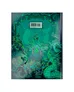 Green book cover with fantasy creatures, ornate designs, and a barcode label.