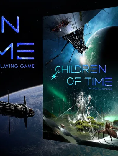 The image features the title "Children of Time: The Roleplaying Game" prominently displayed in bold, futuristic blue letters against a dark background. To the left, a detailed illustration of a colossal ark ship is shown, with intricate designs and a sleek, elongated shape. On the right, the cover of the game book is visible, showcasing vibrant artwork that includes a fantastical landscape with alien flora and fauna, hinting at the themes of evolution and exploration central to the game.